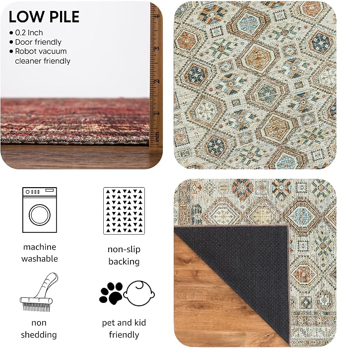 Keen Home Design 8x10 Rug - Machine Washable Area Rug with Non-Slip Backing, Ideal for Living Room, Dining Room, Bedroom - Vintage, Easy Clean, Durable, Low Pile Rug - (8' x 10')