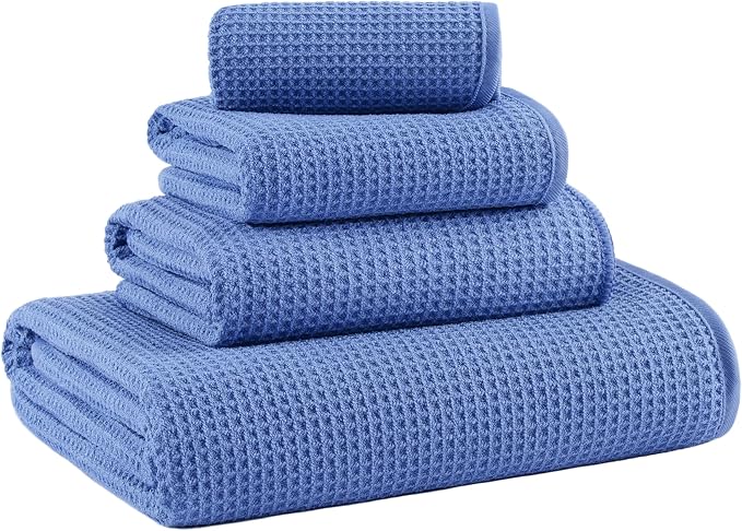 MICROFI Waffle Weave Bath Towel Set, Microfiber, 4 Pieces (Body/Hair/Hand/Face), Quick Dry, Lightweight, Super Absorbent, Lint Free, 380 GSM (Dark Blue)