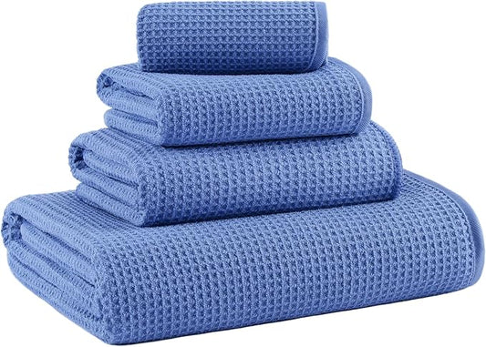 MICROFI Waffle Weave Bath Towel Set, Microfiber, 4 Pieces (Body/Hair/Hand/Face), Quick Dry, Lightweight, Super Absorbent, Lint Free, 380 GSM (Dark Blue)