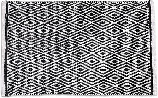 Chenille Cotton Diamond Rug 21x34 Inches - Black, Reversible Small Soft Washable Front Door Mat Ideal for Kitchen, Entryway, Bathroom | Farmhouse Boho Accent Indoor Throw Rugs for Bedroom, Patio