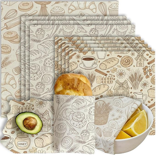 Reusable Beeswax Wrap, 9 Pack Eco-Friendly Food Preservation, Organic, Sustainable, Zero Waste, Plastic-Free Covers for Sandwich, Bread, Bowl, 1XL, 3M, 5S, Bakery and Coffee Pattern