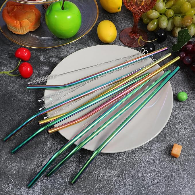 8 Pcs Reusable Long Metal Straws for 40 oz Tumbler 12 inch Colorful Reusable Metal Straws with Cleaning Brush Stainless Steel Straws Long Reusable Colorful Bent Straw with 4 Pieces Cleaning Brush