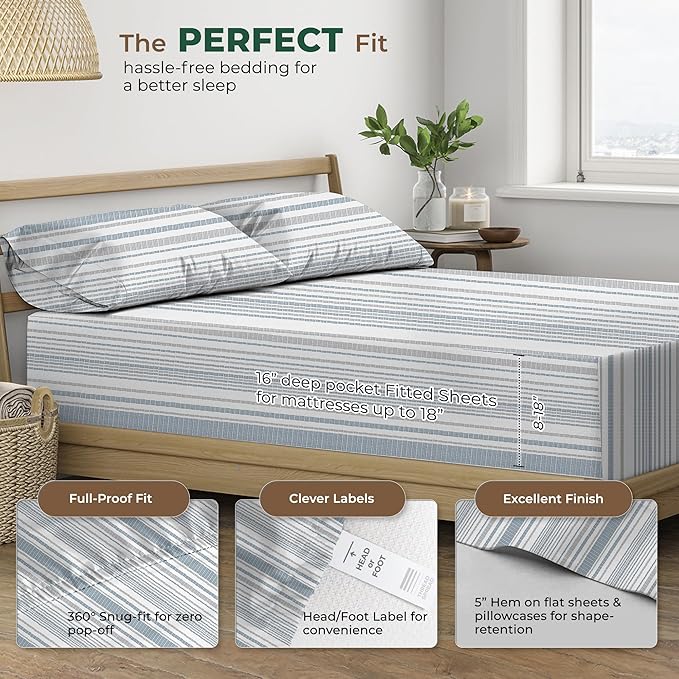 THREAD SPREAD 100% Organic Cotton Sheets Full Size - Organic Cotton Full Size Percale Sheet Set (4 PC, Dotted Stripe), Soft, Cooling, Crisp & Breathable, 16" Deep Pocket Hotel Quality Bedding Set