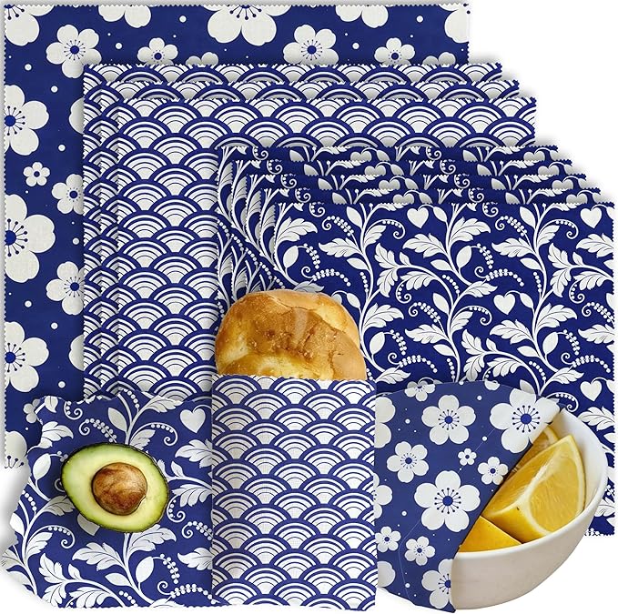 Reusable Beeswax Wraps, 9 Pack Sandwich Bowl Bread Food Storage, Organic Sustainable Zero Waste Plastic-Free, 1XL, 3M, 5S, Indigo Blue Floral Wave and Leaf Patterns