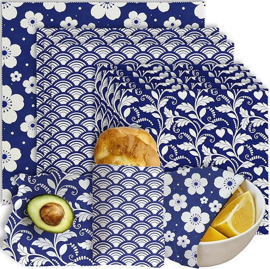 Reusable Beeswax Wraps, 9 Pack Sandwich Bowl Bread Food Storage, Organic Sustainable Zero Waste Plastic-Free, 1XL, 3M, 5S, Indigo Blue Floral Wave and Leaf Patterns