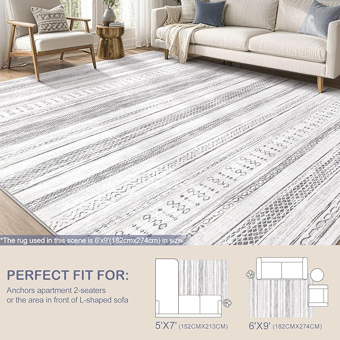 Tortania Area Rug Living Room Rugs - 6x9 Washable Large Soft Neutral Boho Moroccan Bohemian Farmhouse Rug Indoor Floor Carpet for Bedroom Under Dining Table Home Office Decor - Light Grey
