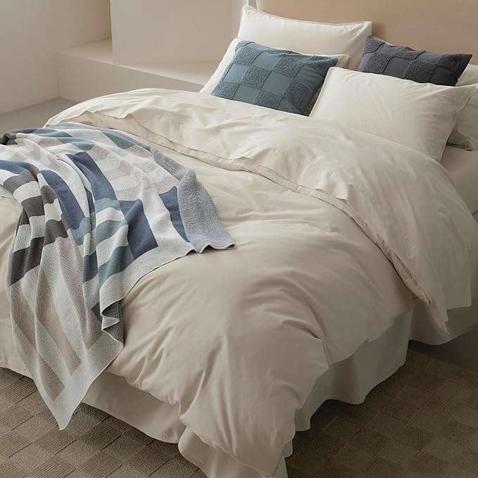 Double Stitch Organic Cotton Queen Bundle: 4-Piece Sheet Set & 3-Piece Duvet Cover, 300 TC Sateen Weave, GOTS Certified Long Staple Cotton, Made in India, Coconut Milk