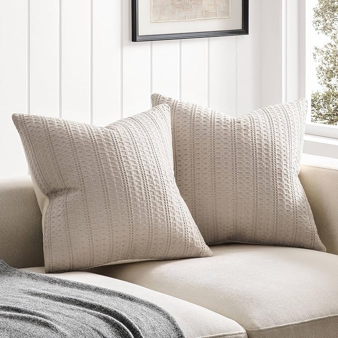 ZeeMart 100% Cotton Waffle Textured Throw Pillow Covers Set of 2, 18x18 Inch Taupe, Soft Farmhouse Decorative Couch Pillow Cases Light Brown Cushion Covers for Sofa Bed Living Room Home Decor