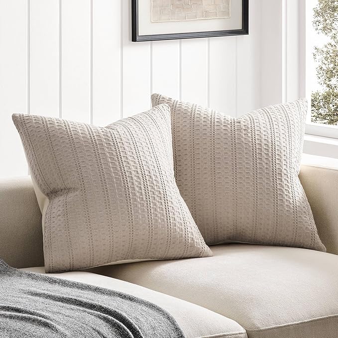 ZeeMart 100% Cotton Waffle Textured Throw Pillow Covers Set of 2, 22x22 Inch Taupe, Soft Farmhouse Decorative Couch Pillow Cases Light Brown Cushion Covers for Sofa Bed Living Room Home Decor