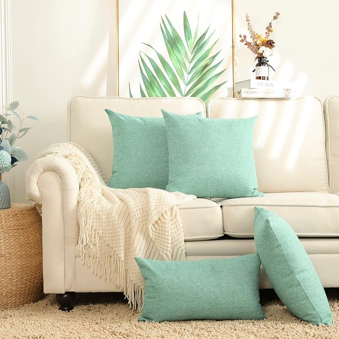 Stellhome Pack of 2 Spring Burlap Throw Pillow Covers Farmhouse Linen Cushion Covers Pillowcase, Home Decor Decorations for Sofa Couch Bed Chair 22x22 Inch/55x55 cm, Green