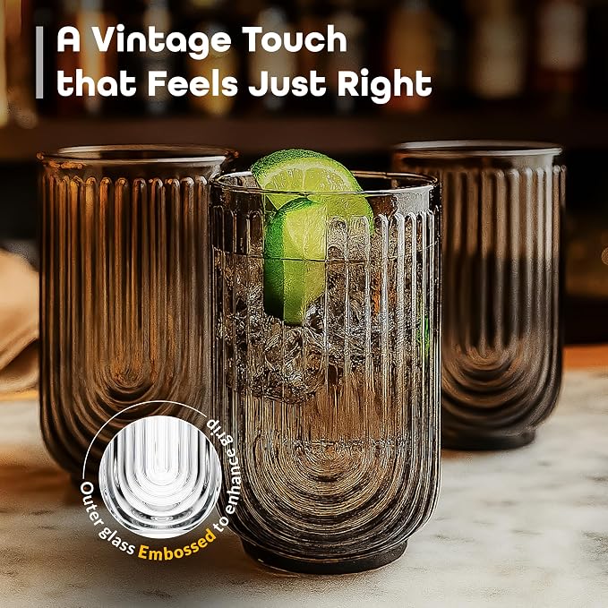 Glaver's Vintage Glassware - Art Deco Ribbed Drinking Glasses, U-Shape Arch Design Colored Cocktail Decorative Party Everyday Kitchen Tumblers, Hand Wash Only (Smoke S/4 17oz)