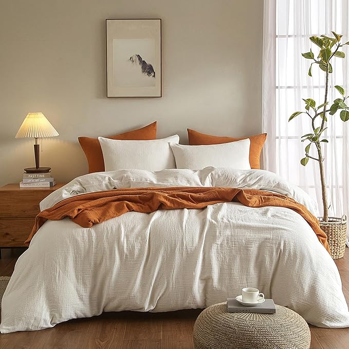 SE SOFTEXLY Muslin Duvet Cover Twin Size, 100% Washed Cotton Duvet Cover Set, Ultra Soft Comforter Cover Linen Like, 2 Pieces Minimalist Gauze Duvet Cover with 1 Pillowcase, 68"x90", White