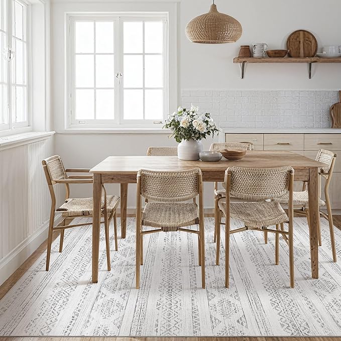 Tortania Area Rug Living Room Rugs - 7x9 Washable Large Soft Neutral Boho Moroccan Bohemian Farmhouse Rug Indoor Floor Carpet for Bedroom Under Dining Table Home Office Decor - Ivory Gray