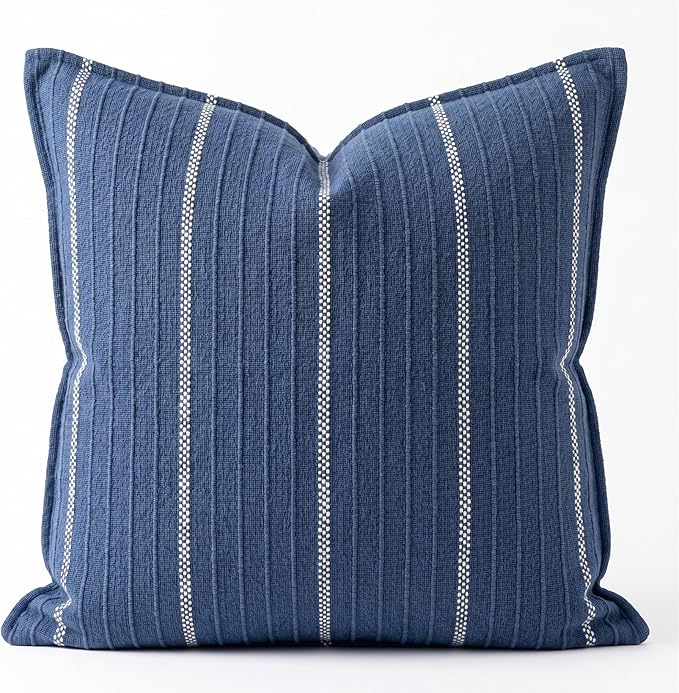 SanVia Cotton Throw Pillow Covers 20x20 – Handwoven Jacquard Texture, Fade-Resistant, No Pilling – Hidden Zipper, Decorative Cushion Cover for Sofa, Couch, Bed – Insert Not Included (Striped, Blue)