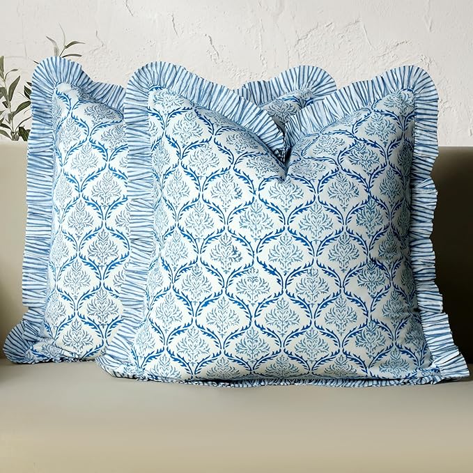 CPC Indigo Regal Hand Block Print 100% Cotton Ruffle Throw Pillow Cover 24x24 inch with Hidden Zipper Decorative for Couch, Bed, Sofa, Farmhouse, Cottagecore Decor Gift Christmas Fall Thanksgiving