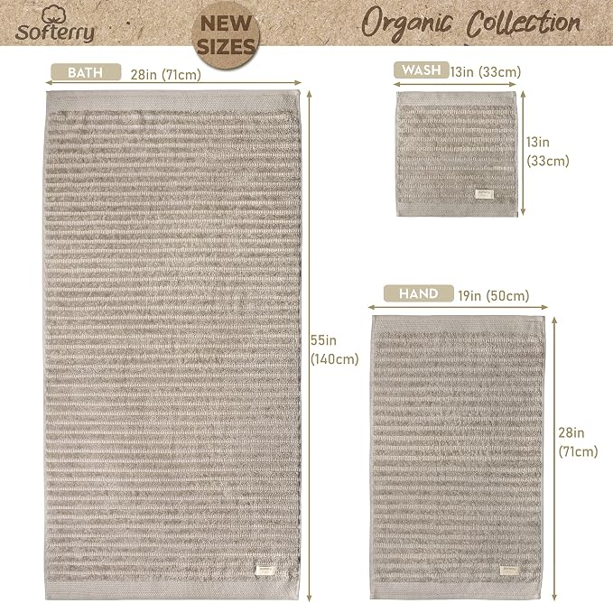 Softerry Pure Organic Cotton Bath Towel Set - 100% Soft Cotton - Extra Absorbent and Durable - 500 GSM Quick Dry - Luxury Hotel & Spa Quality - Fade Resistant - Eco Friendly (Khaki, Set of 8)