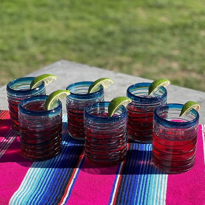 Dos Sueños Hand Blown Mexican Drinking Glasses – Set of 6 Tumbler Glasses with an Aqua Spiral Design (10 oz each)