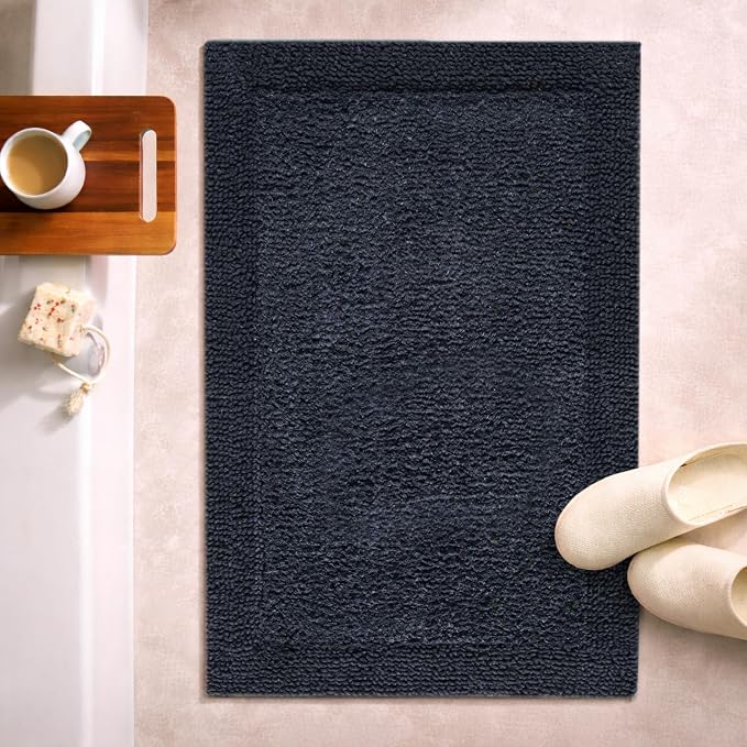 Bedding Craft Bathroom Bath Mat Rug – 100% Cotton, Reversible, Water Absorbent, Machine Washable, Soft Bathmat for Tub Side, 17x24 Black