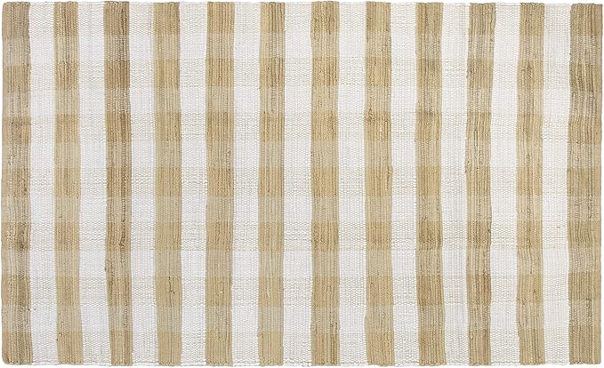GLAMBURG Cotton Reversible Area Rug 3' x 5' Farmhouse Floor Mat, Handwoven Washable Carpet Checkered Plaid Rug for Front Porch Living Room Kitchen Bedroom - Beige Natural