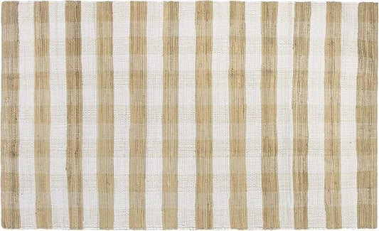 GLAMBURG Cotton Reversible Area Rug 3' x 5' Farmhouse Floor Mat, Handwoven Washable Carpet Checkered Plaid Rug for Front Porch Living Room Kitchen Bedroom - Beige Natural