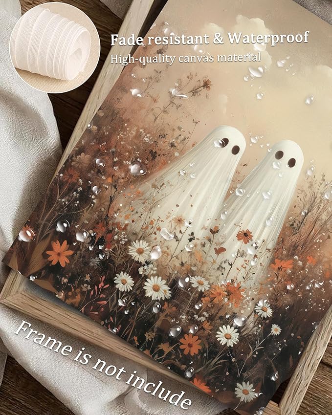 Vodefoad Vintage Cute Ghosts in Wildflower Meadow Print-Moody Autumn Decor, Cute Halloween Fall Painting, Victorian Ghost Posters Pictures for Living Room, Bedroom, Bathroom, Halloween Room decor - 8x10 Inch Unframed