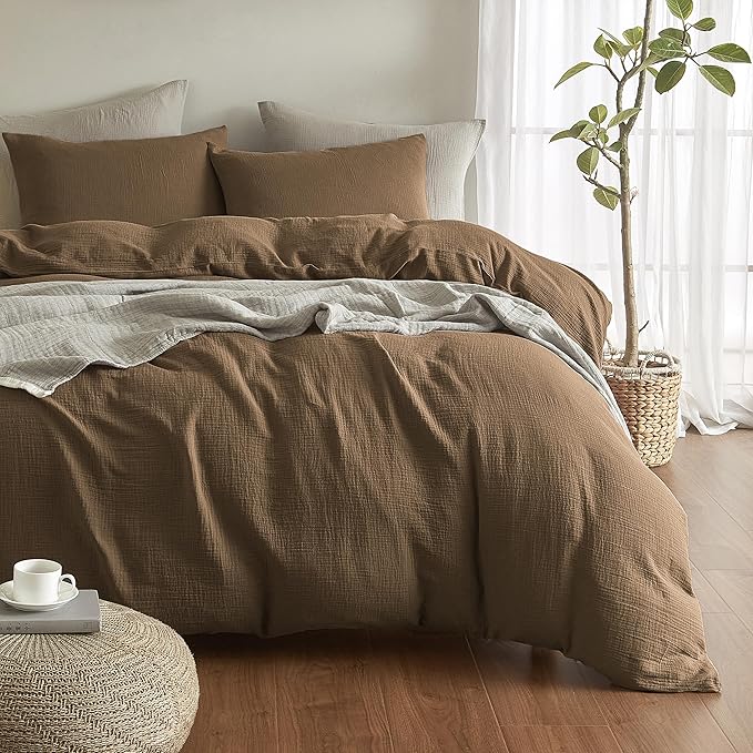 SE SOFTEXLY Muslin Duvet Cover Queen Size, 100% Washed Cotton Duvet Cover Set, Ultra Soft Comforter Cover Linen Like, 3 Pieces Minimalist Gauze Duvet Cover with 2 Pillowcases, 90"x90", Dark Brown