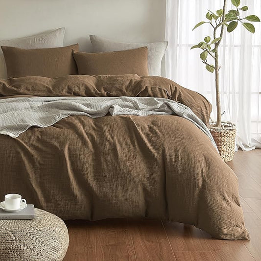 SE SOFTEXLY Muslin Duvet Cover Queen Size, 100% Washed Cotton Duvet Cover Set, Ultra Soft Comforter Cover Linen Like, 3 Pieces Minimalist Gauze Duvet Cover with 2 Pillowcases, 80"x90", Dark Brown
