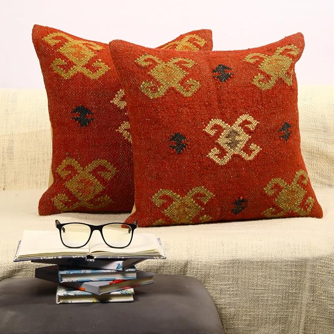 Trade Star 70% Jute 30% Wool Pillow Shams Set of 2 Kilim Cushion Cover Rug Decorative Pillowcase Beautiful Cushion case Handwoven Throw Pillow Covers 18x18 Inches for Home Decor (Kilim 9)