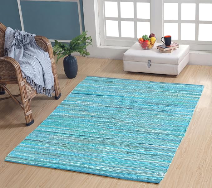 Handmade Cotton Chindi Rug Area Rag Washable Recycled Rugs for Home Décor, Living Room and Bedroom (Teal, 4X6 Feet)
