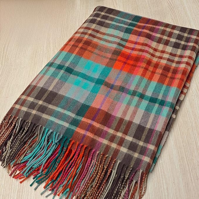 Soft Pure Wool Throw Blanket, Lightweight Warmth, 55"x83", Plaid, Fringe, Compact with Bag, Useful Gift for Women Men, All Season Decorative Cozy Travel Blanket for Couch Bed, Outdoors