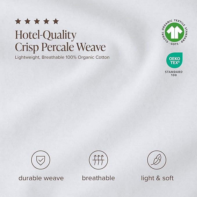 Bare Home 100% Organic Cotton Twin XL Sheet Set - Crisp Percale Weave - Lightweight & Breathable - Bedding Sheets & Pillowcases (Twin XL, White)