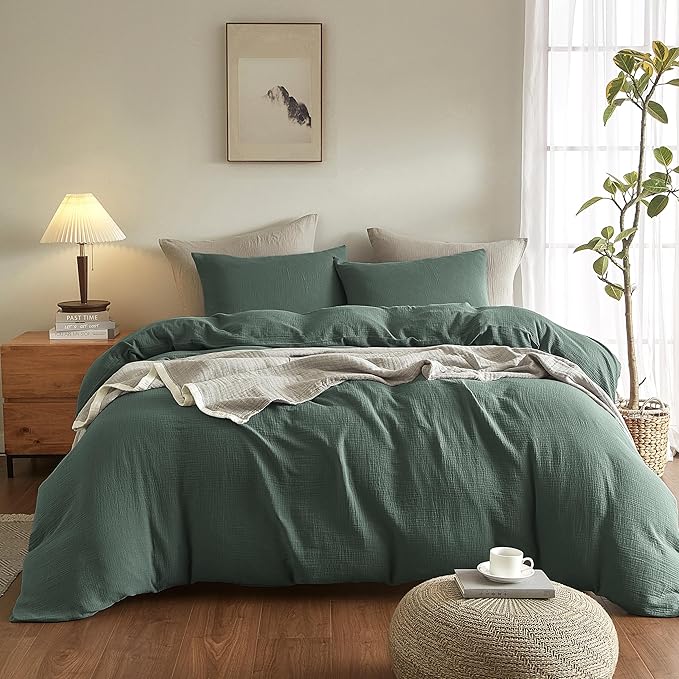 SE SOFTEXLY Muslin Duvet Cover California King Size, 100% Washed Cotton Duvet Cover Set, Ultra Soft Comforter Cover Linen Like, 3 Pieces Gauze Duvet Cover with 2 Pillowcases, 98"x104", Forest Green
