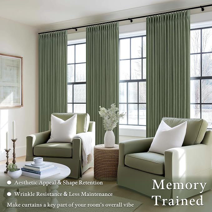 Olive Green Linen Curtains 102 Inches Long for Living Room Pinch Pleated Drape with Hooks Rings for Track System Light Filtering Green 102 Inch Curtain for Bedroom Sliding Patio Door 2 Panels 50x102