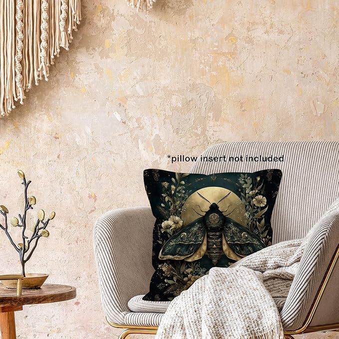 Gothic Moth Throw Pillow Cover Gifts 18x18, Vintage Dark Cottagecore Decor Pillow Cases for Bedroom Living Room, Moody Floral Botanical Decorative Square Pillowcases for Couch Bed Sofa