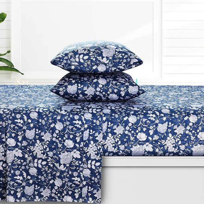 AZORES HOME Queen Organic Cotton Sateen Sheet Set - Deep Pocket, 300 Thread Count, 4-Piece Luxury Bedding, Kate Dark Blue