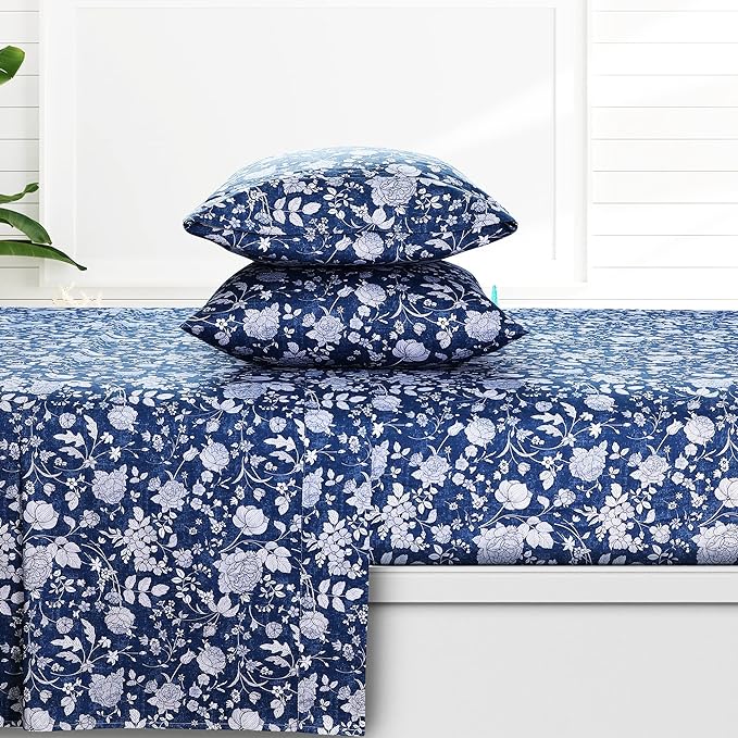 AZORES HOME Twin XL Organic Cotton Sateen Sheet Set - Deep Pocket, 300 Thread Count, 3-Piece Luxury Bedding, Kate Dark Blue