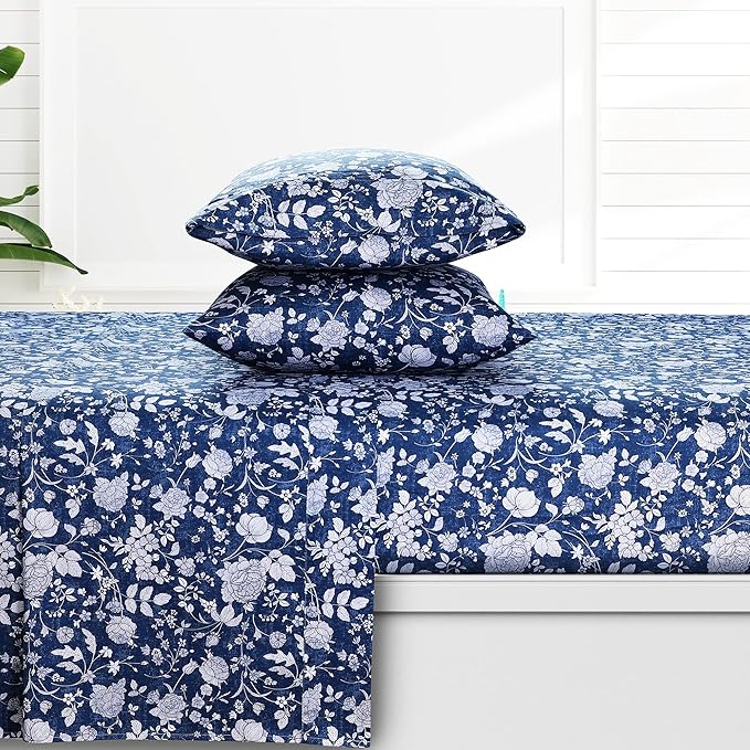 AZORES HOME Twin Organic Cotton Sateen Sheet Set - Deep Pocket, 300 Thread Count, 3-Piece Luxury Bedding, kate Dark Blue