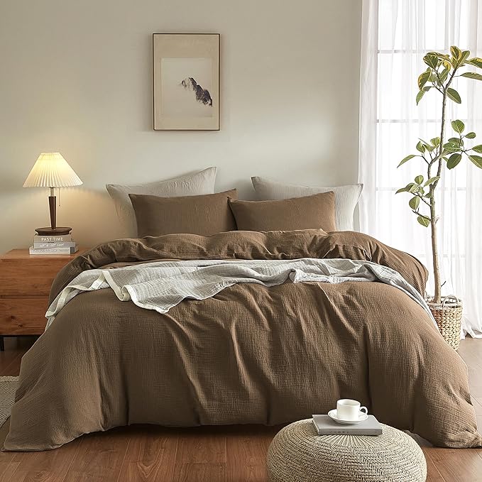 SE SOFTEXLY Muslin Duvet Cover Oversized King Size, 100% Washed Cotton Duvet Cover Set, Soft Comforter Cover Linen Like, 3 Pieces Minimalist Gauze Duvet Cover with 2 Pillowcases, 98"x120", Dark Brown