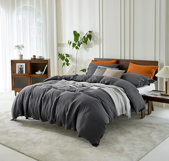 EVERLY 100% Pure Linen Duvet Cover Set Twin Size 68X90Inch 3pcs (1 Duvet Cover,1Pillowcases) Soft and Breathable for All Season with Coconut Button Closure, Suitable for Hot Sleepers-Dark Grey