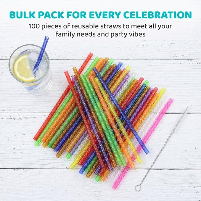 Reusable Drinking Straws 100 Pack, Assorted Color Plastic Straws, 9 Inch, Easy Clean with Brush, Durable & Dishwasher Safe for Cold Drinks & Kids