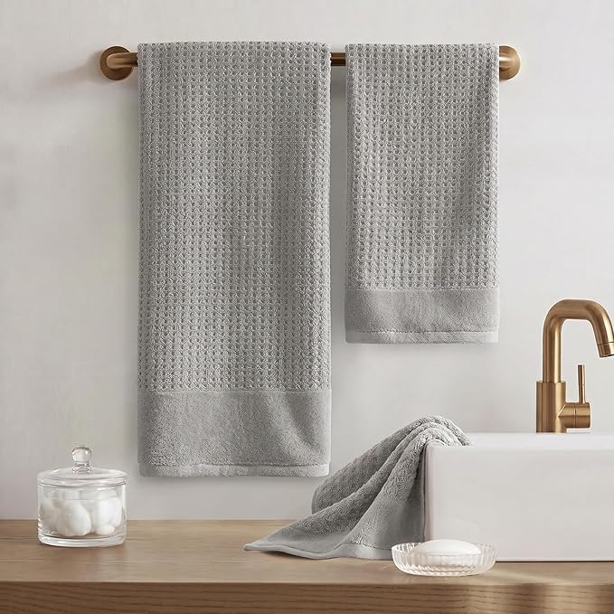 Madison Park Spa Waffle 100% Cotton Luxurious Towel Set, Premium Texture Waffle Weave, Highly Absorbent, Quick Dry, Hotel & Spa Quality Wash Clothes for Bathroom, Assorted Sizes, Grey 6 Piece