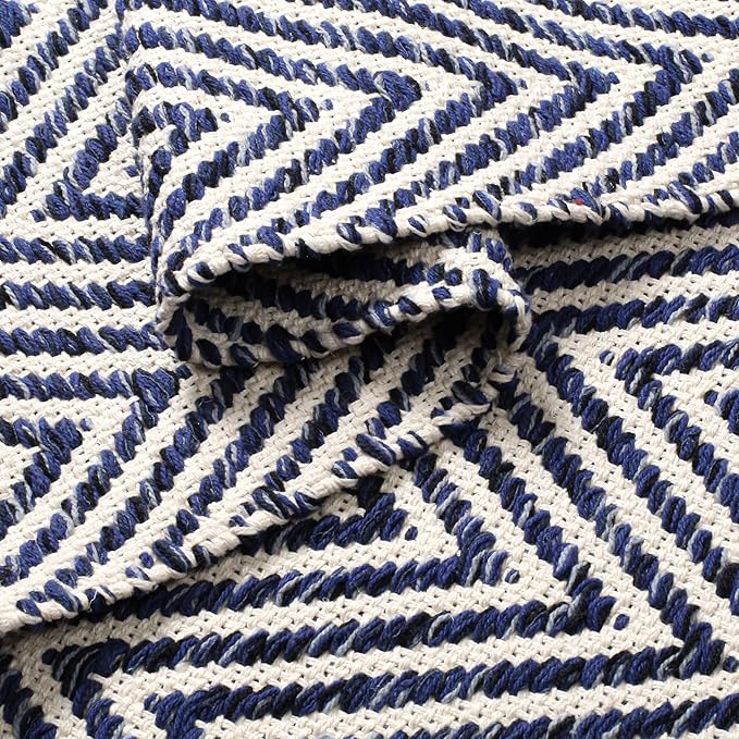 Cotton Chevron Hand Woven Area Rug 2x3 Feet - Navy Blue, Farmhouse Decorative Floor Small Rugs Ideal for Entryway, Kitchen, Bedroom | Washable Durable Geometric Reversible Front Door Patio Mats