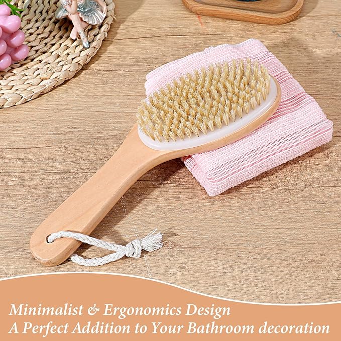 8 Pcs Dry Brushing Body Brush, Body Scrub Brush Natural Boar Bristle with Contoured Wooden Handle for Back Legs Feet Exfoliates Dead Skin
