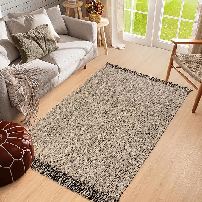 Collive 4x6 Area Rug, Natural/Black Woven Cotton Washable Modern Bedroom Rugs, Boho Dining Room Door Rug Carpet with Tassel for Living Room Nursery Room Office, Outdoor Rug for Patio Hallway Decor