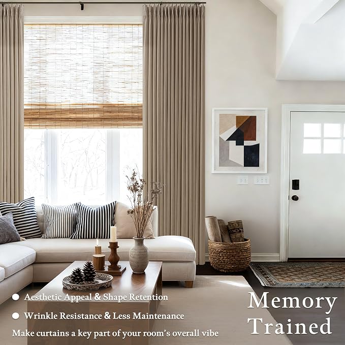 105 Inches Pleated Thick Linen Curtains 2 Panels Set for Living Room Bedroom Latte Memory Training Boho Farmhouse Linen Textured Curtain with Hooks Rings Light Brown Sliding Door Drapes 50x105