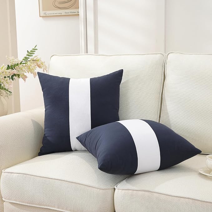 TAOSON Set of 2, Navy Blue 100% Cotton Canvas Patchwork Throw Pillow Covers 18x18 Inch, Modern White Striped Farmhouse Decor Cushion Covers for Sofa Couch Bedroom Living Room
