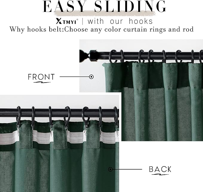 XTMYI Emerald Dark Green Back Tab/Hook Belt Linen Cotton Sheer Curtains for Bathroom 45 Inch Length