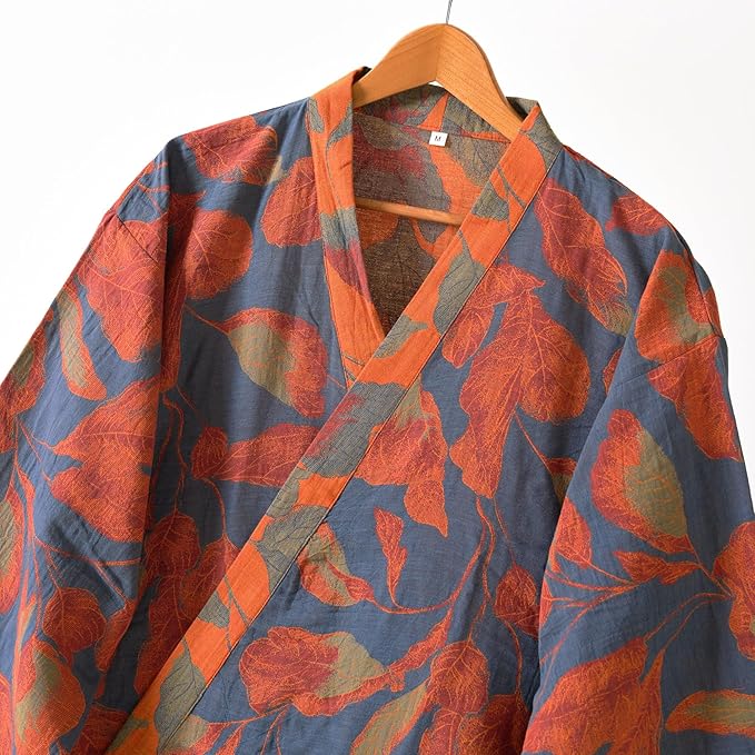100% Cotton Gauze Ginkgo Leaf Kimono Robe, Long Knit Loose Bathrobe Nightgown Ladies Loungewear Sleepwear for Women