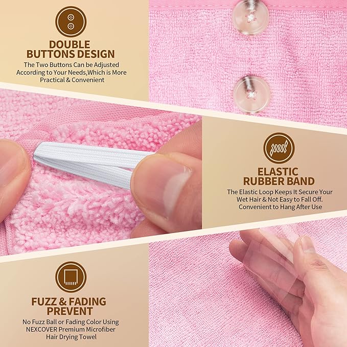 NEXCOVER Hair Towel Microfiber, 2 Pack Pink 9.8 inch X 25.5 inch Hair Wrap,Ultra Absorbent Hair Turbans,Fast Drying Head Towels for Women Wet Hair,Long,Curly,Thick,Frizzy Hair