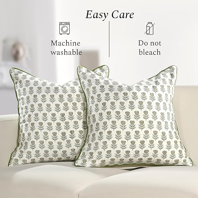 CPC Rustic Sage Trellis Block Print Throw Cushion Cover 18 x 18 Inch Set 2 - Decorative Boho Floral Pillow Case for Living Room, Bed, Sofa Home Decor Gift for Spring, Mother's Day